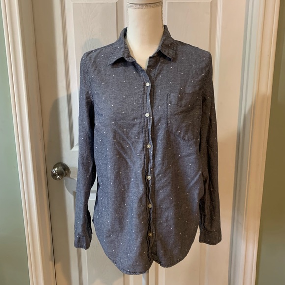 Old Navy Classic Navy blue Dots long sleeve collared button down top EUC MEDIUM - Picture 2 of 11